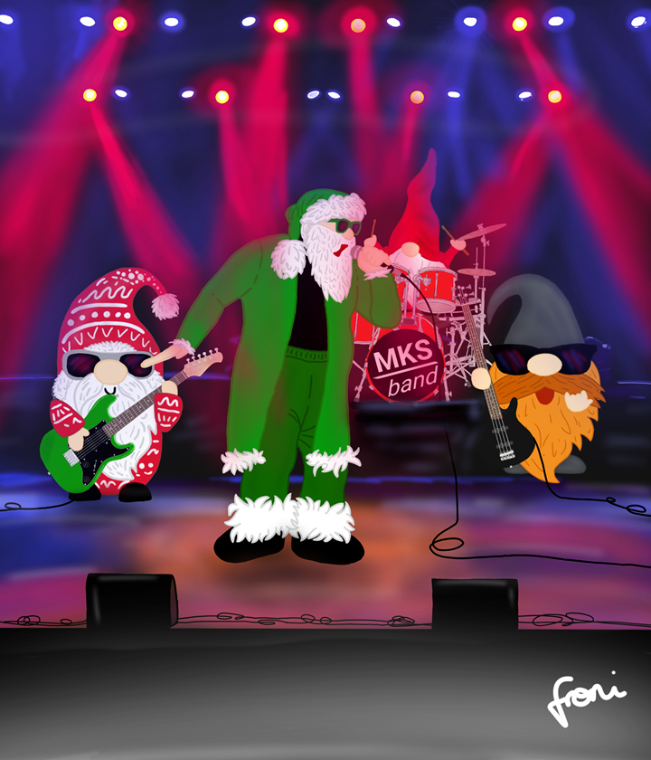 gemaltes Bild vom Digitaler Kalender mit einer WeihnachtsmannRockBand