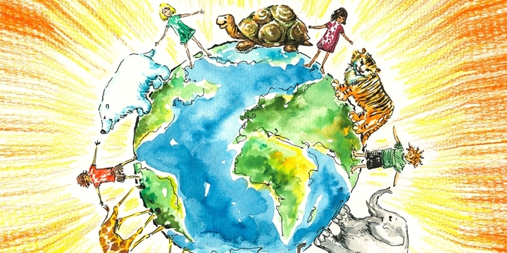 Zeichnung mit der Erde umrundet von Menschen und Tieren