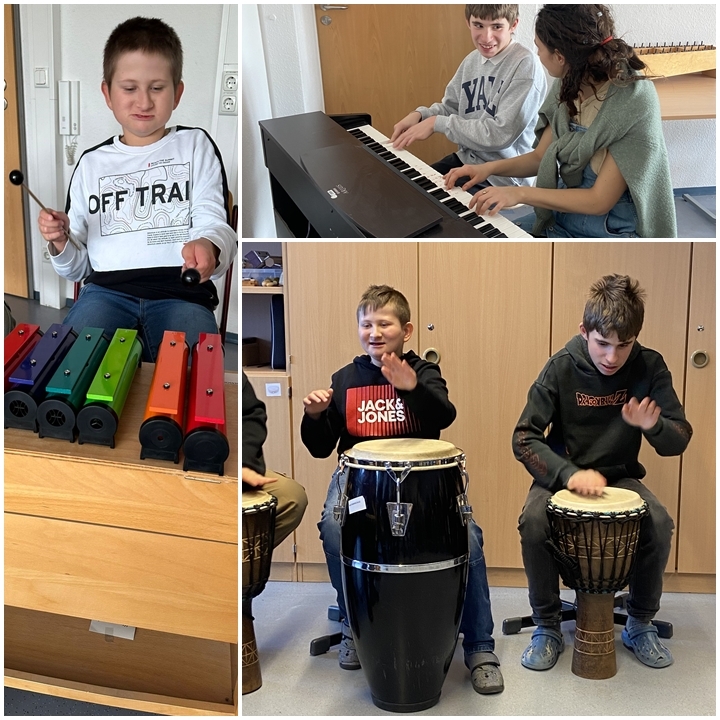 Collage mit Bildern aus dem Inklusionsprojekt der MKS an der Förderschule Jena, zu sehen sind ein Junge spielend an enem bunten Xylophon, 2 Jungs spielend auf 2 Trommeln und ein Junge, der am E-Piano mit der Lehrerin sitzt und gemeinsam spielt